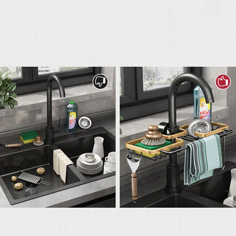Kitchen Space Aluminum Sink Drain Rack Sponge Storage Faucet Holder Soap Drainer Shelf Basket Organizer Bathroom Accessories Kitchen Space Aluminum Sink Drain Rack Sponge Storage Faucet Holder Soap Drainer Shelf Basket Organizer Bathroom Accessories