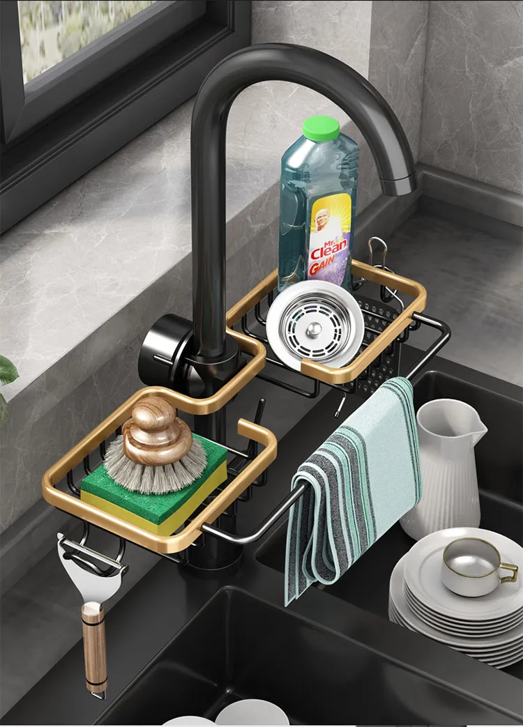 Kitchen Space Aluminum Sink Drain Rack Sponge Storage Faucet Holder Soap Drainer Shelf Basket Organizer Bathroom Accessories Kitchen Space Aluminum Sink Drain Rack Sponge Storage Faucet Holder Soap Drainer Shelf Basket Organizer Bathroom Accessories
