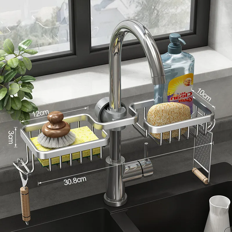 Kitchen Space Aluminum Sink Drain Rack Sponge Storage Faucet Holder Soap Drainer Shelf Basket Organizer Bathroom Accessories Kitchen Space Aluminum Sink Drain Rack Sponge Storage Faucet Holder Soap Drainer Shelf Basket Organizer Bathroom Accessories
